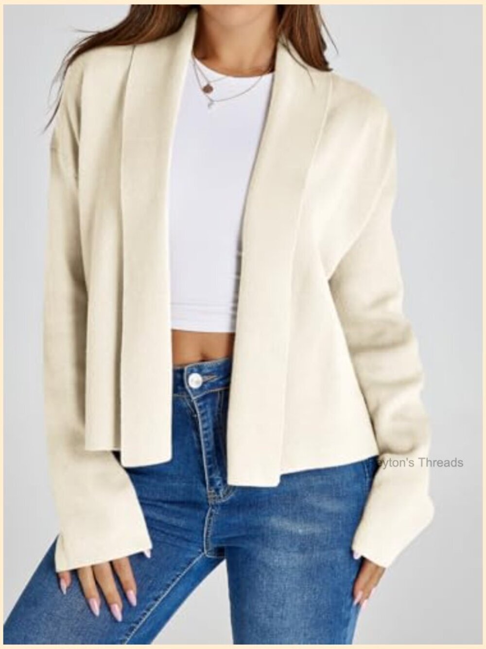 Cropped Cardigan Open Front Shawl Long Sleeve Sweater Jacket - Picture 3 of 7